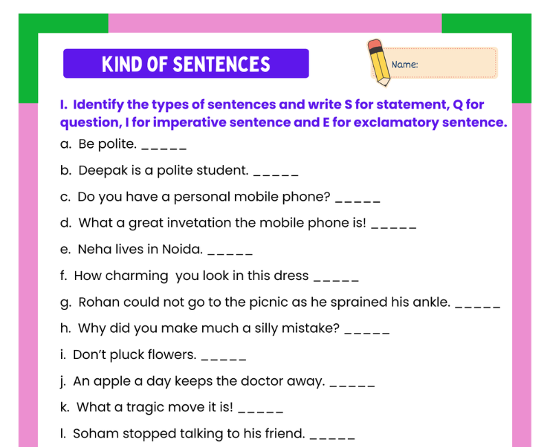 Kinds Of Sentences Worksheets For Grade 7 Pdf Infoupdate