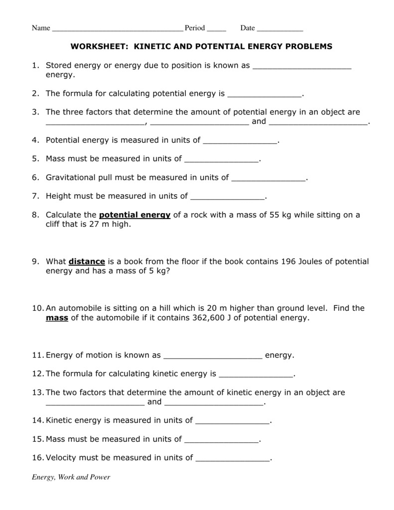 Kinetic And Potential Energy Worksheet Answers Db excel