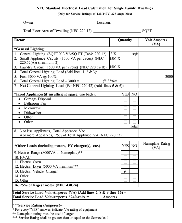 LADBS NEC Standard Electrical Load Calculation Fill Out Forms 
