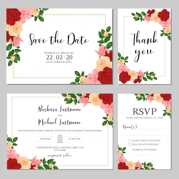 Landscape Wedding Invitation Template With Rose Bouquet Premium Vector