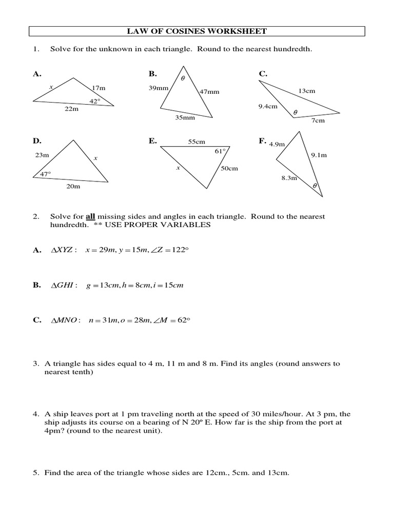Law Of Cosines Worksheet 6 PDF Triangle Angle Worksheets Library