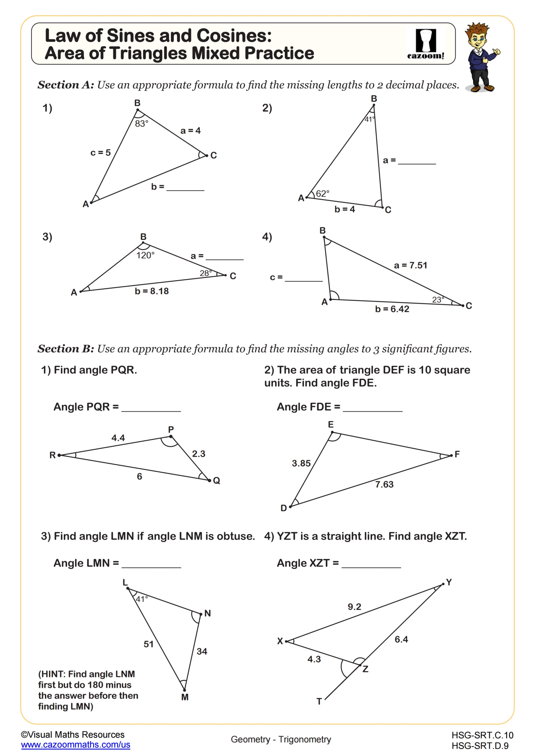 Law Of Sines And Cosines Area Of Triangles Mixed Practice