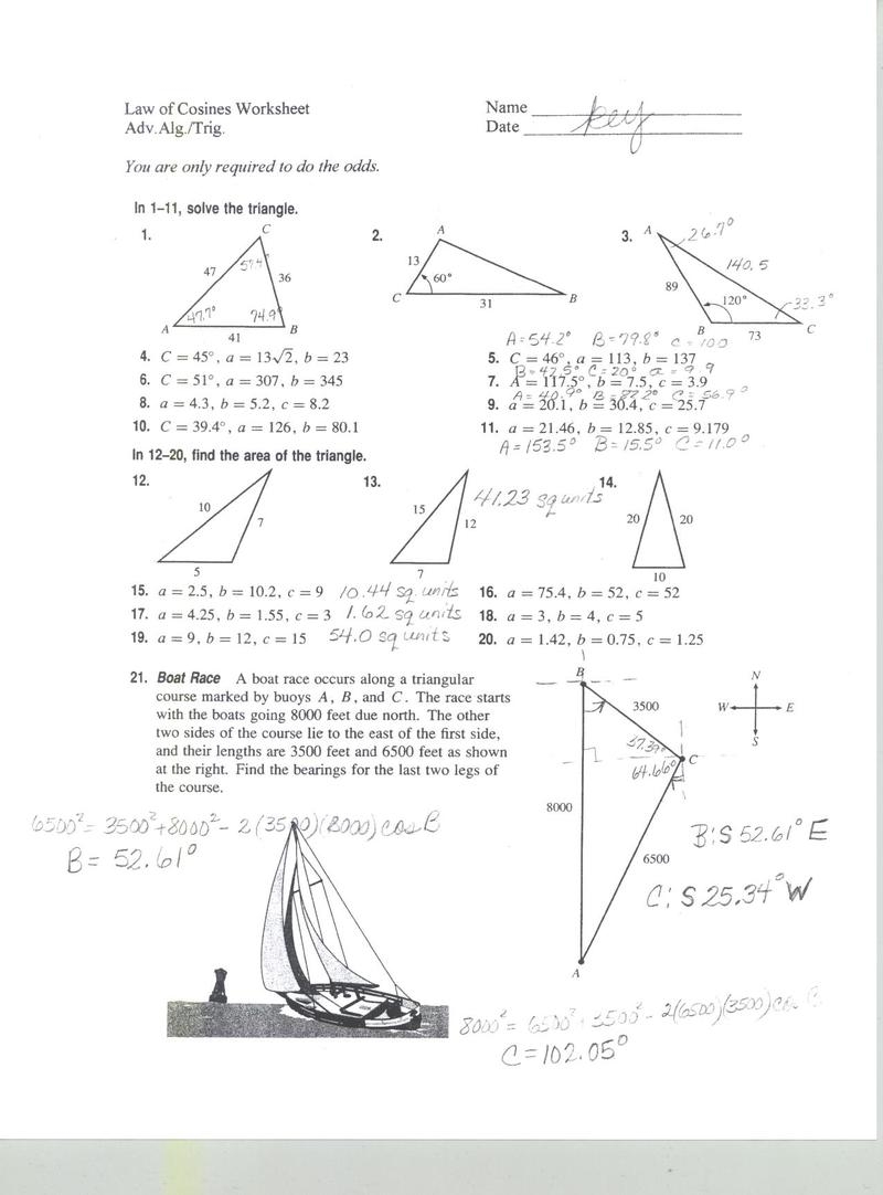 law of cosines and sines worksheet