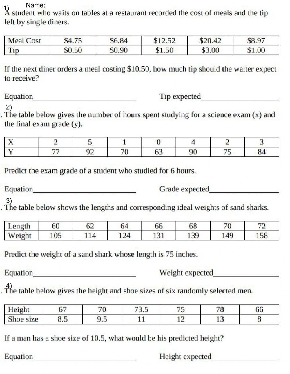 linear regression worksheet