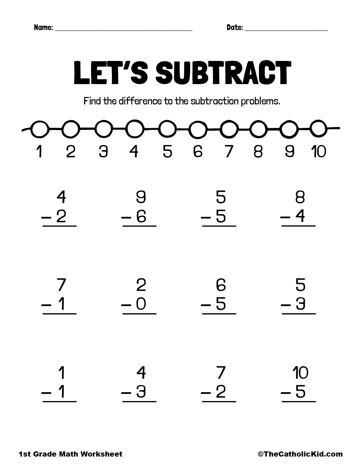 Let 39 s Subtract 1st Grade Math Worksheet Catholic TheCatholicKid