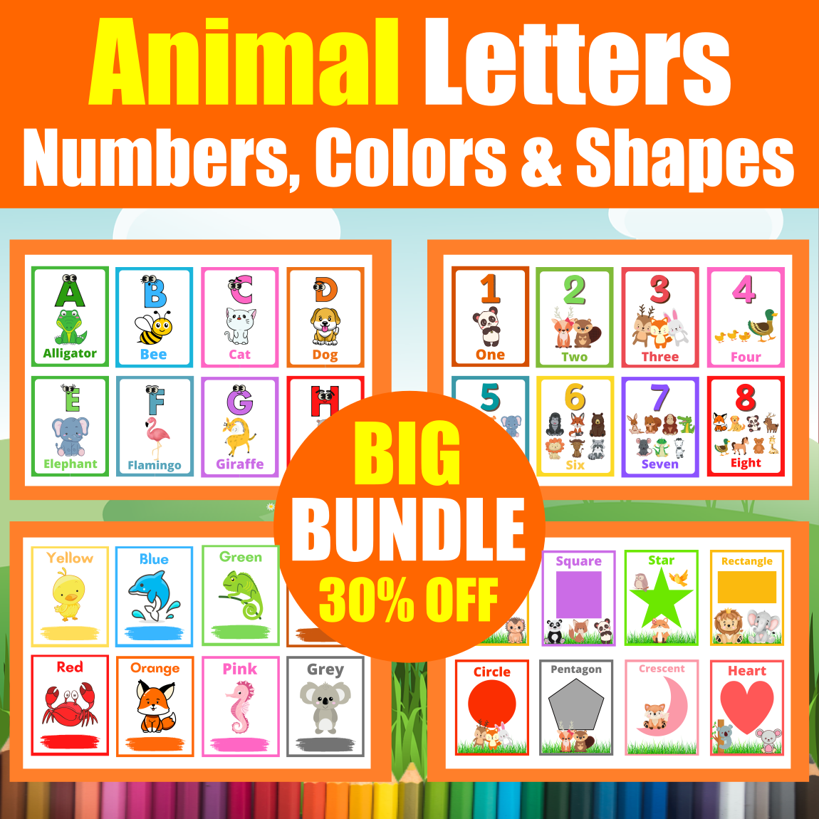 Letters Numbers Colors Shapes Printable Flash Cards BUNDLE With