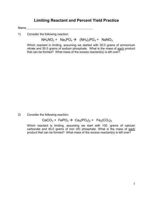 Limiting Reactant And Percent Yield Practice Worksheet Answer Key 