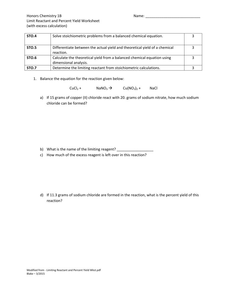 percent yield limiting reactant worksheet