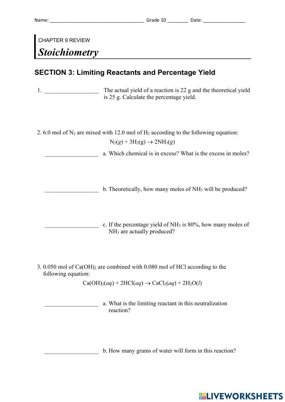 limiting reagent and percent yield worksheet