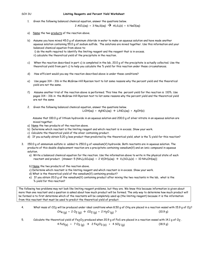 Limiting Reagent And Percent Yield Worksheet Printable And Enjoyable 