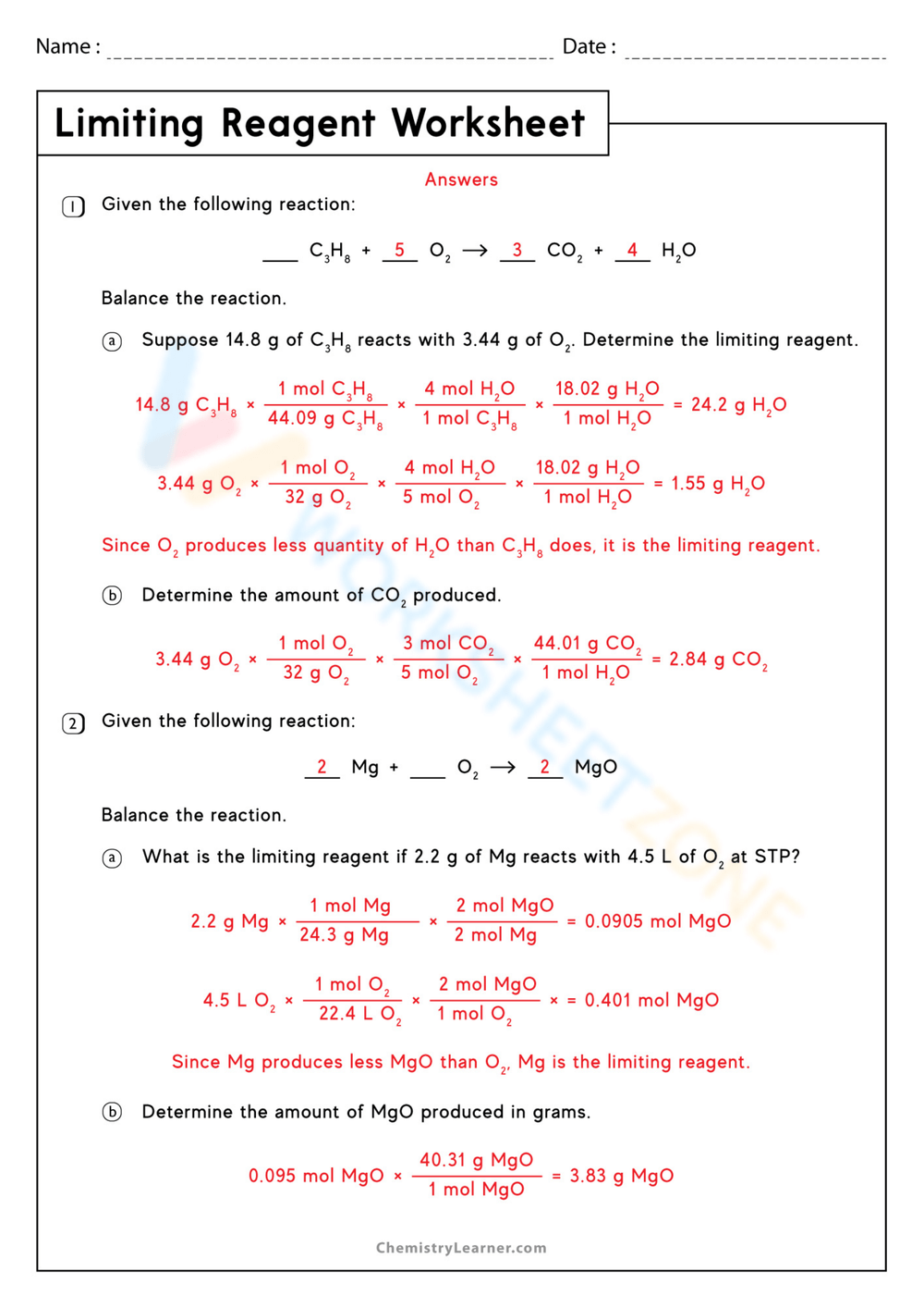 Limiting Reagent Practice Problems Worksheet For 10th Higher Ed