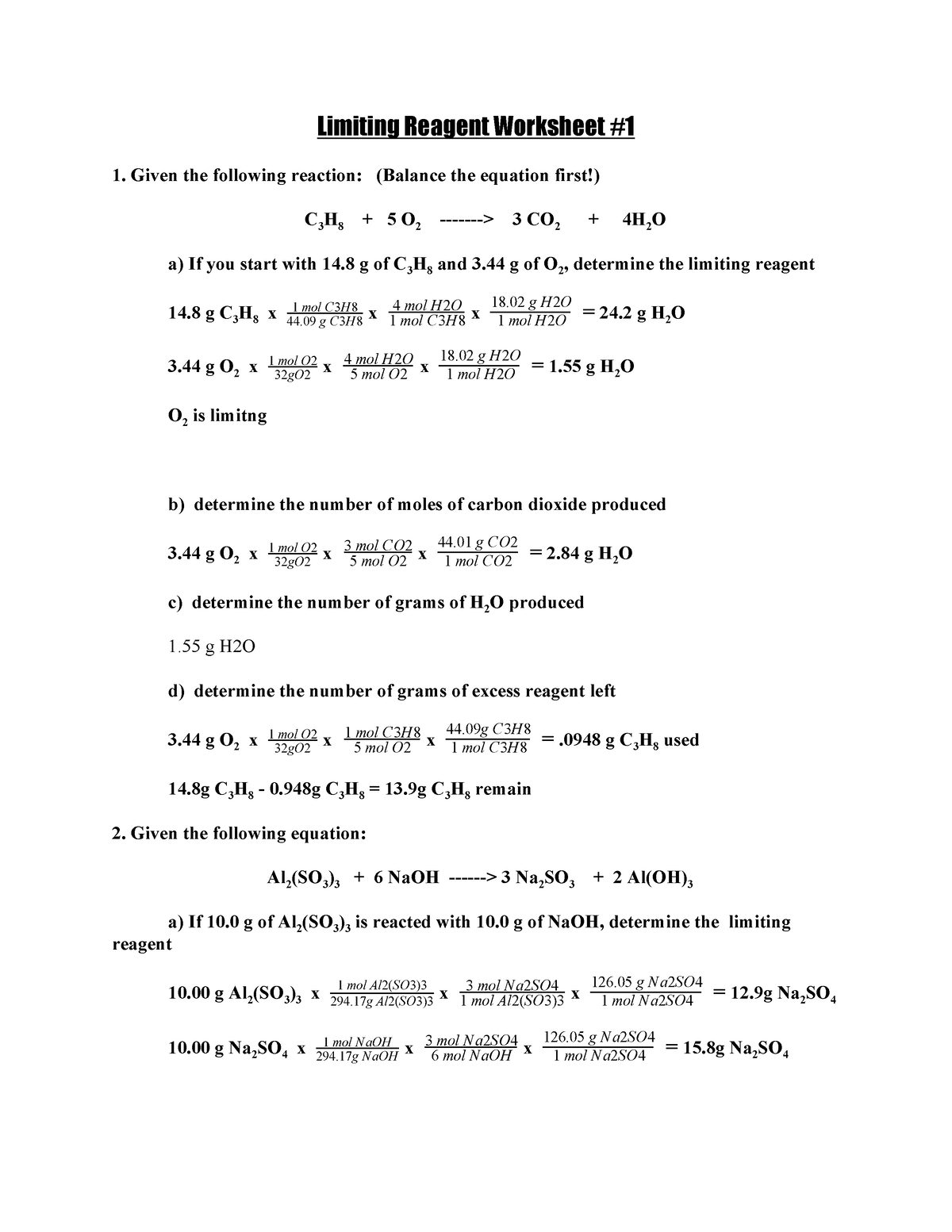 limiting reagents worksheet