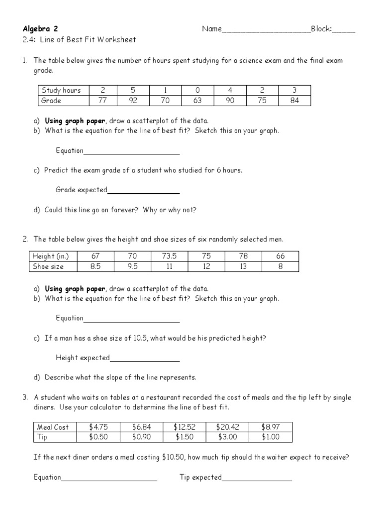 Line Of Best Fit Worksheet PDF PDF Scatter Plot Equations 