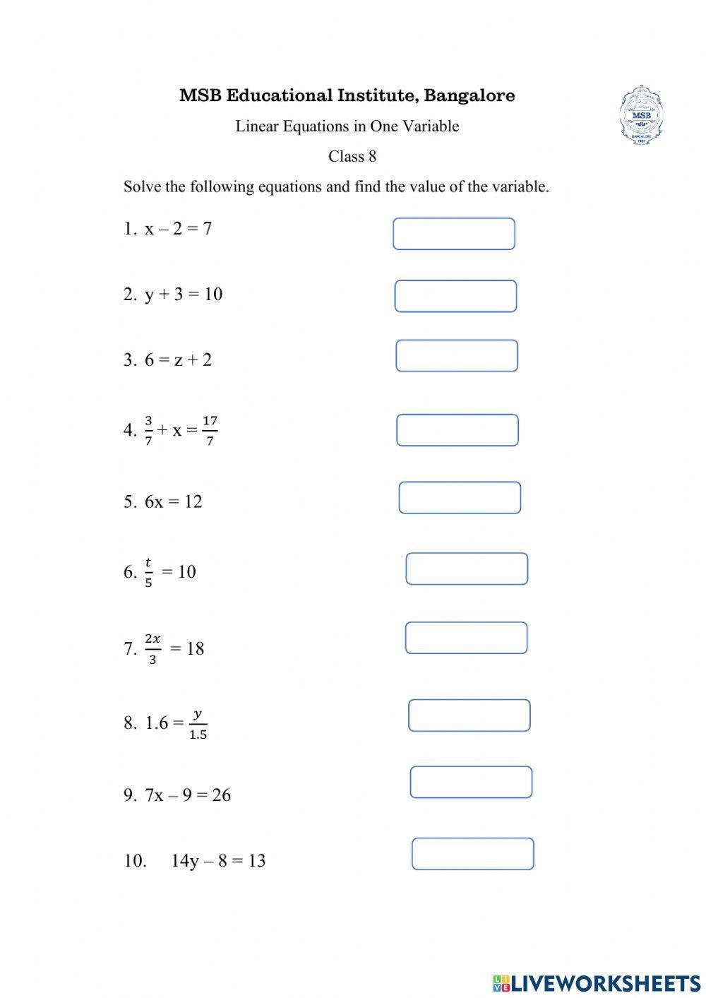 Linear Equations In One Variable Online Worksheet Live Worksheets 