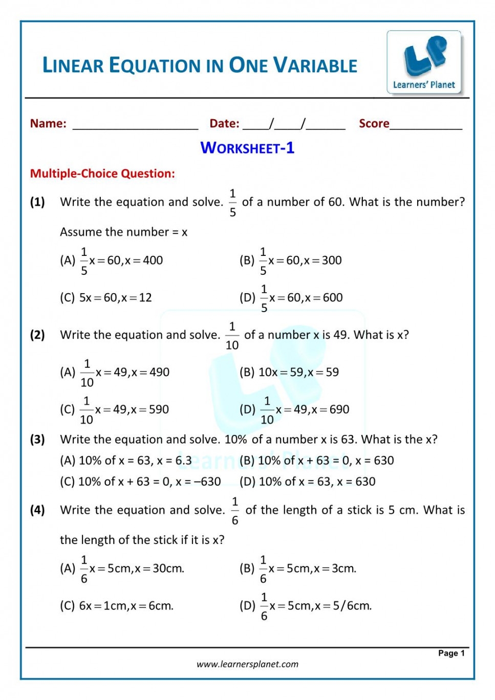 linear equations in one variable worksheet