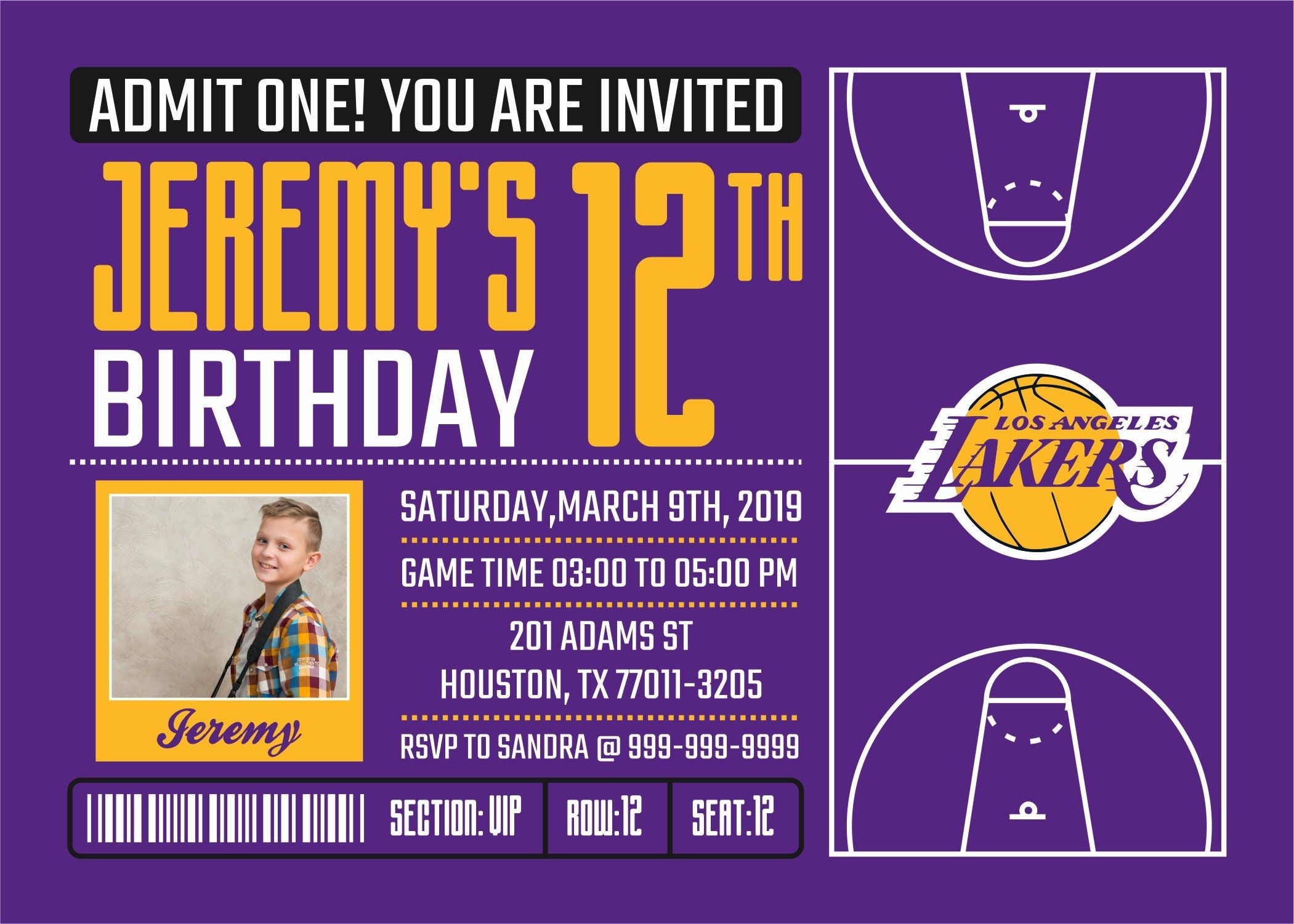 Los Angeles Lakers Invitation Birthday Invitations Lakers Party 