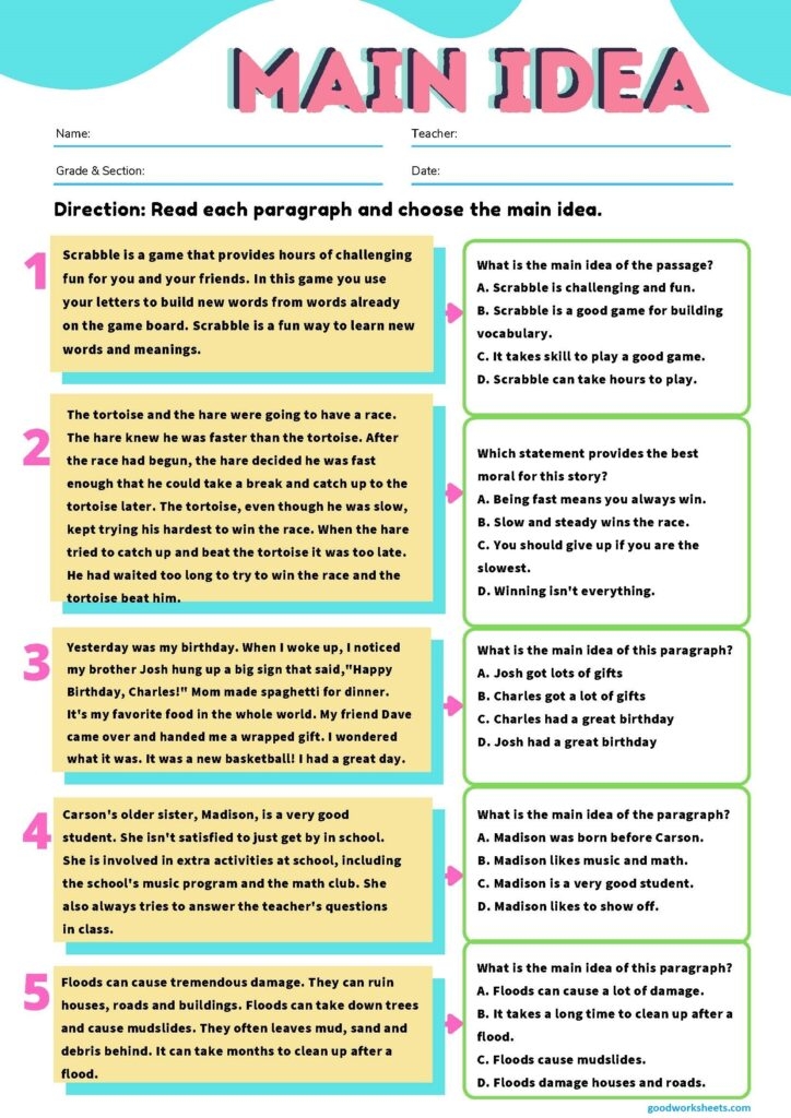 Main Idea Multiple Choice Worksheets Pdf Printable Worksheets