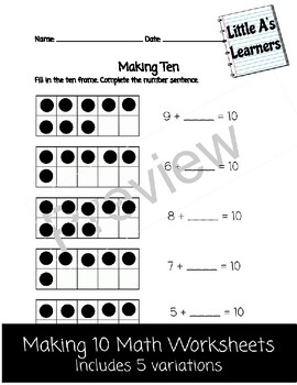 Making Ten Math Worksheets By Diane Aleksa TPT
