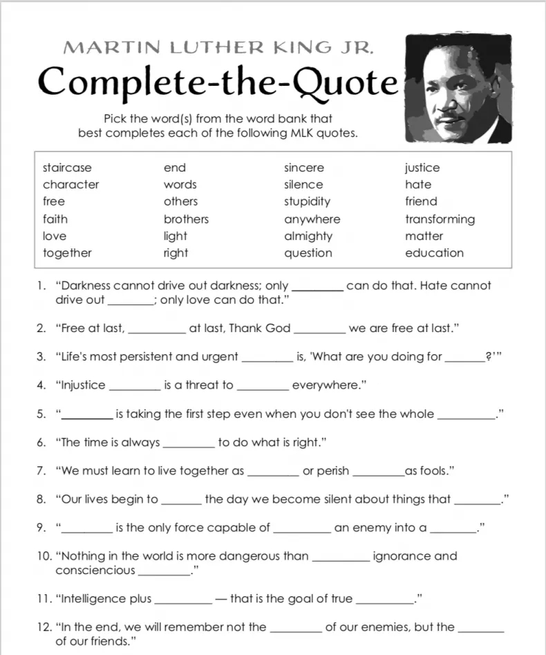 Martin Luther King Jr Day Compete The Quotes Interactive 