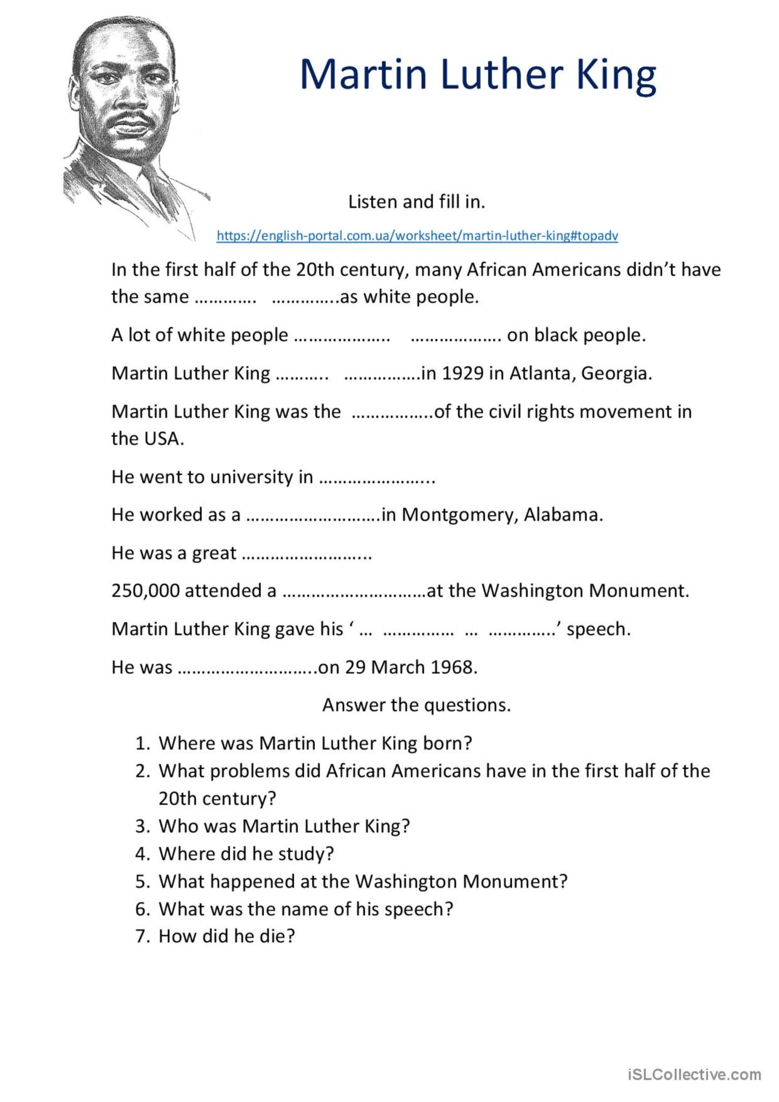 Martin Luther King Listening English ESL Worksheets Pdf Doc