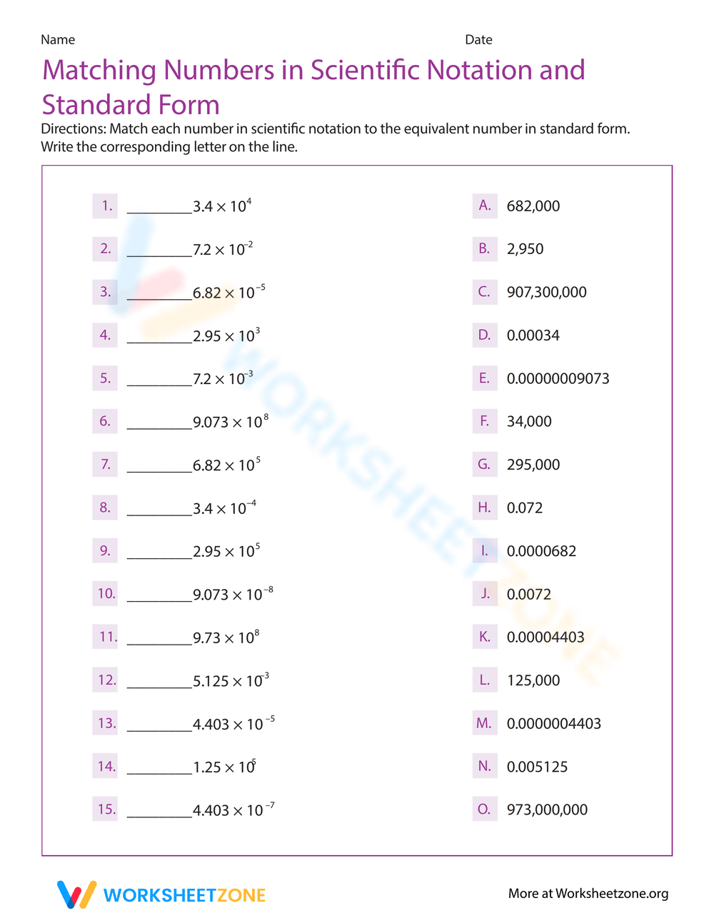 Matching Numbers In Scientific Notation And Standard Form 
