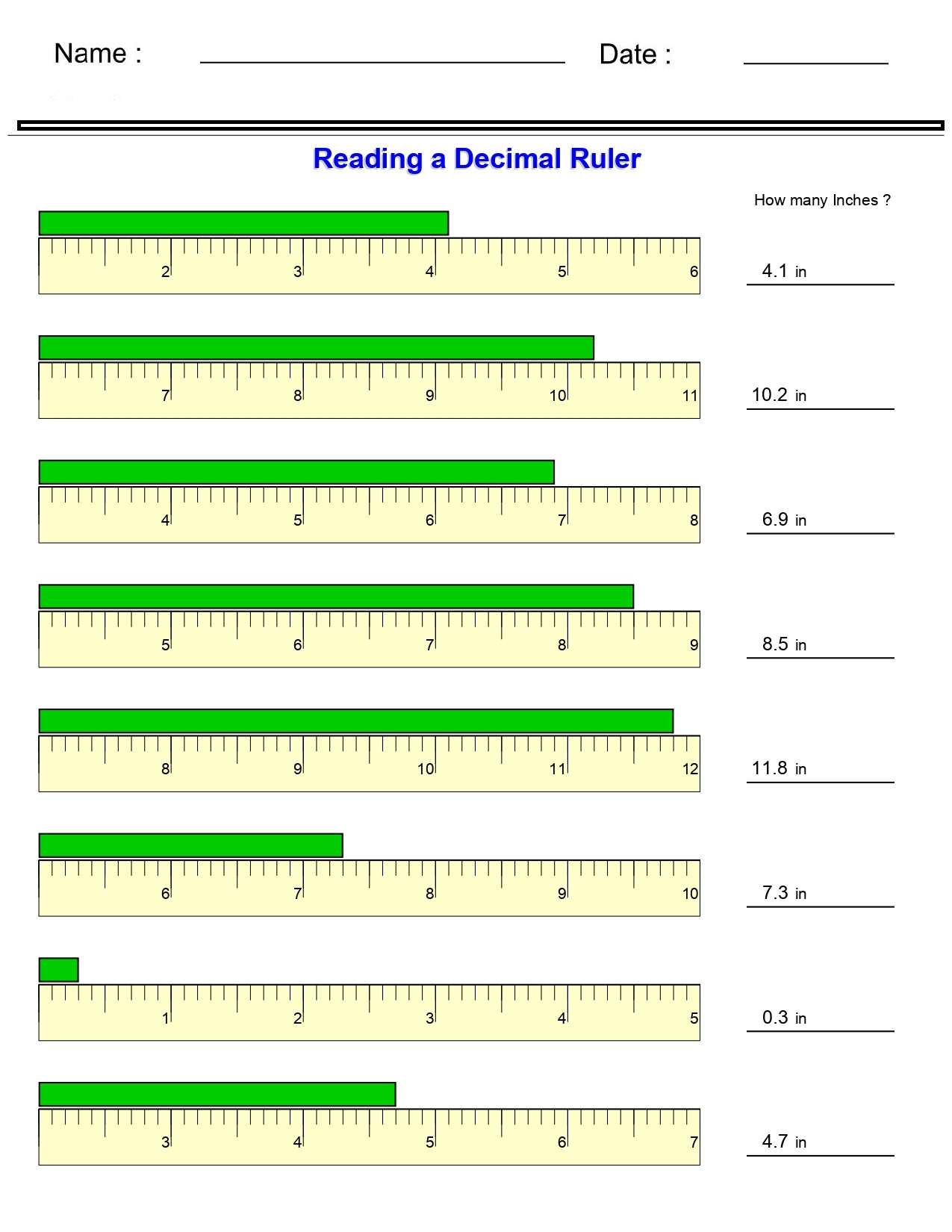 Measurement Worksheets Reading A Decimal Ruler Worksheets 
