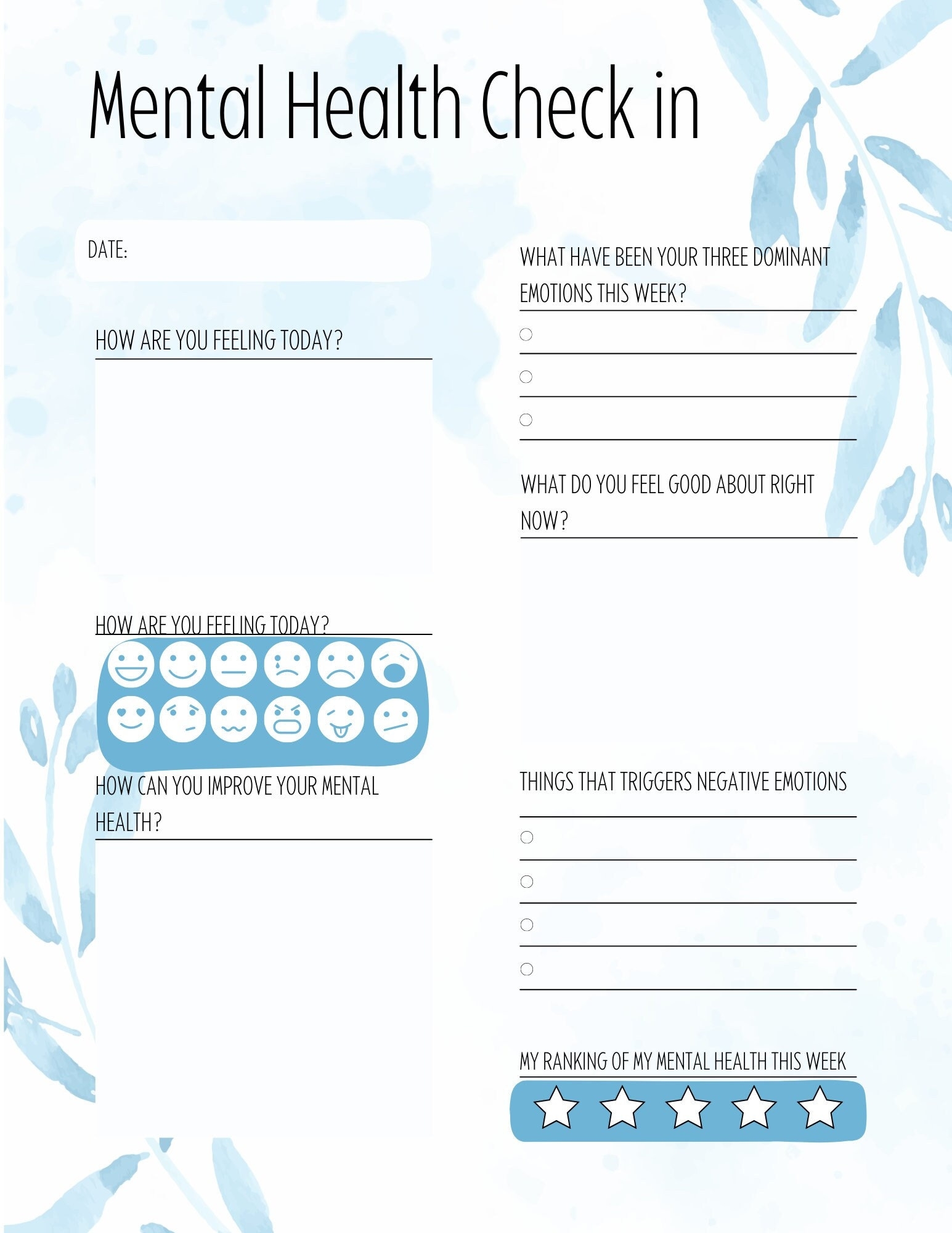 Mental Health Check In Worksheet Etsy