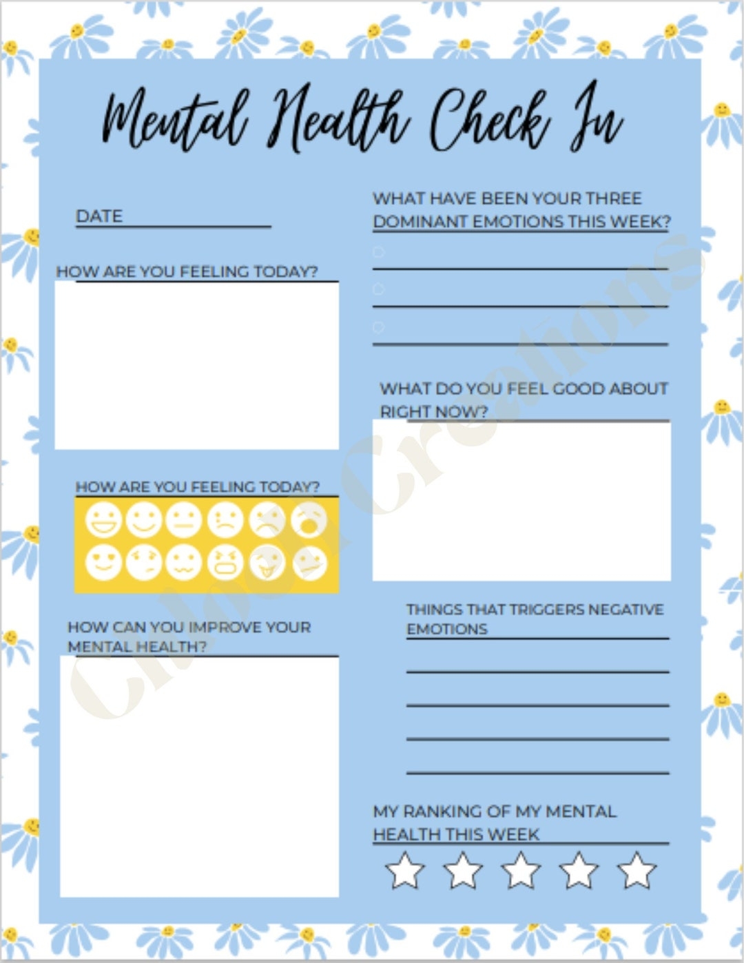 Mental Health Check in Worksheet Etsy