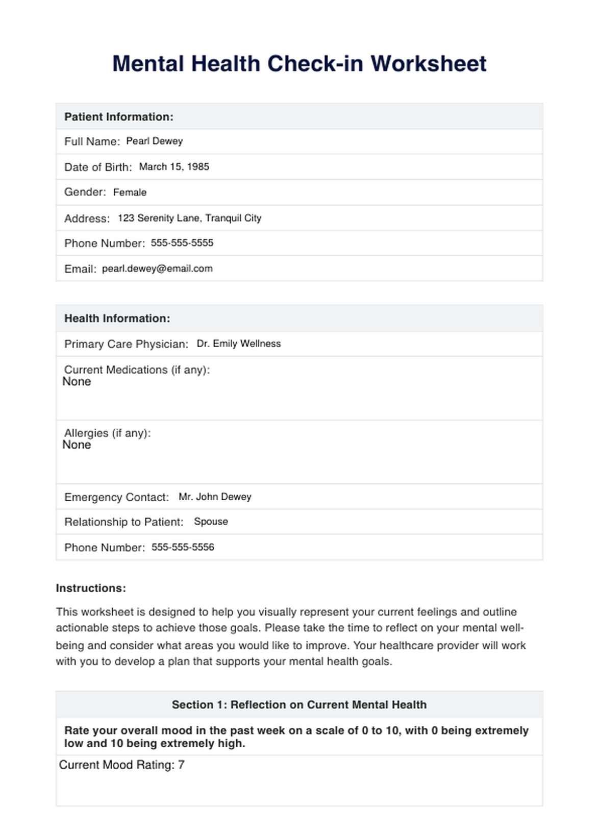 Mental Health Check in Worksheet Example Free PDF Download