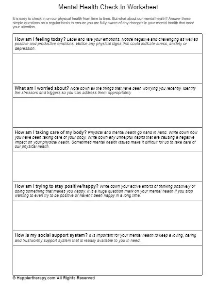 Mental Health Check In Worksheet HappierTHERAPY
