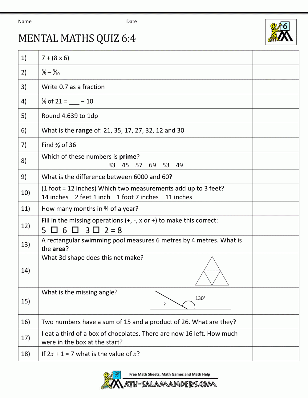 Mental Maths Tests Year 6 Worksheets 6th Grade Math Worksheets 