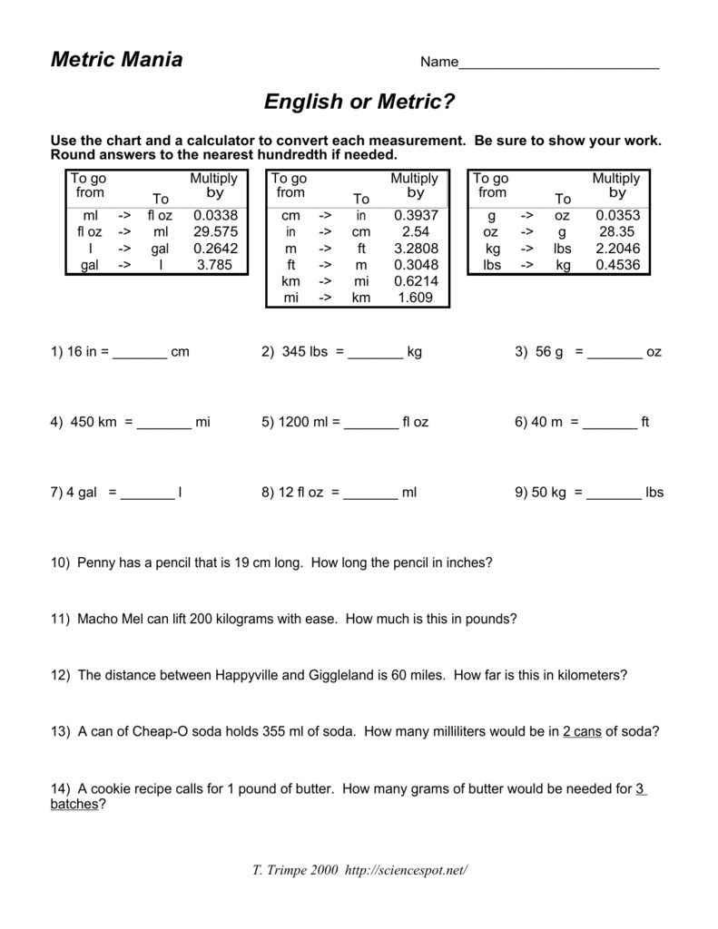 Metric Conversion Worksheet Answer Key E streetlight