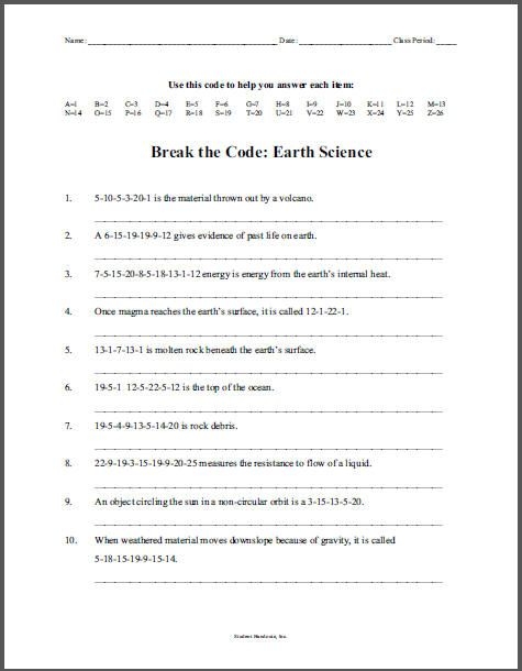 Middle School Earth Science Worksheets