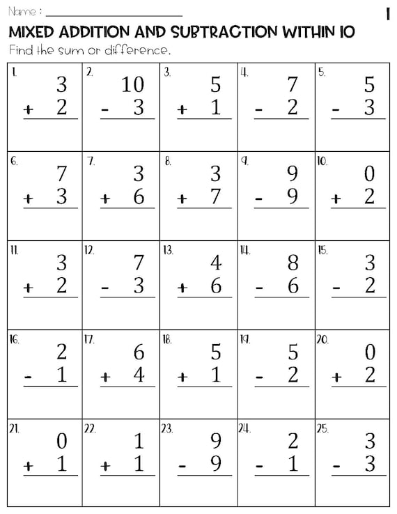 Mixed Addition And Subtraction Within 10 Worksheets Etsy Worksheets