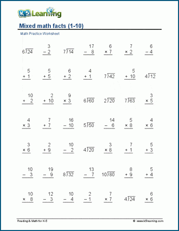 Mixed Math Facts 4 Operations 1 10 Worksheets K5 Learning