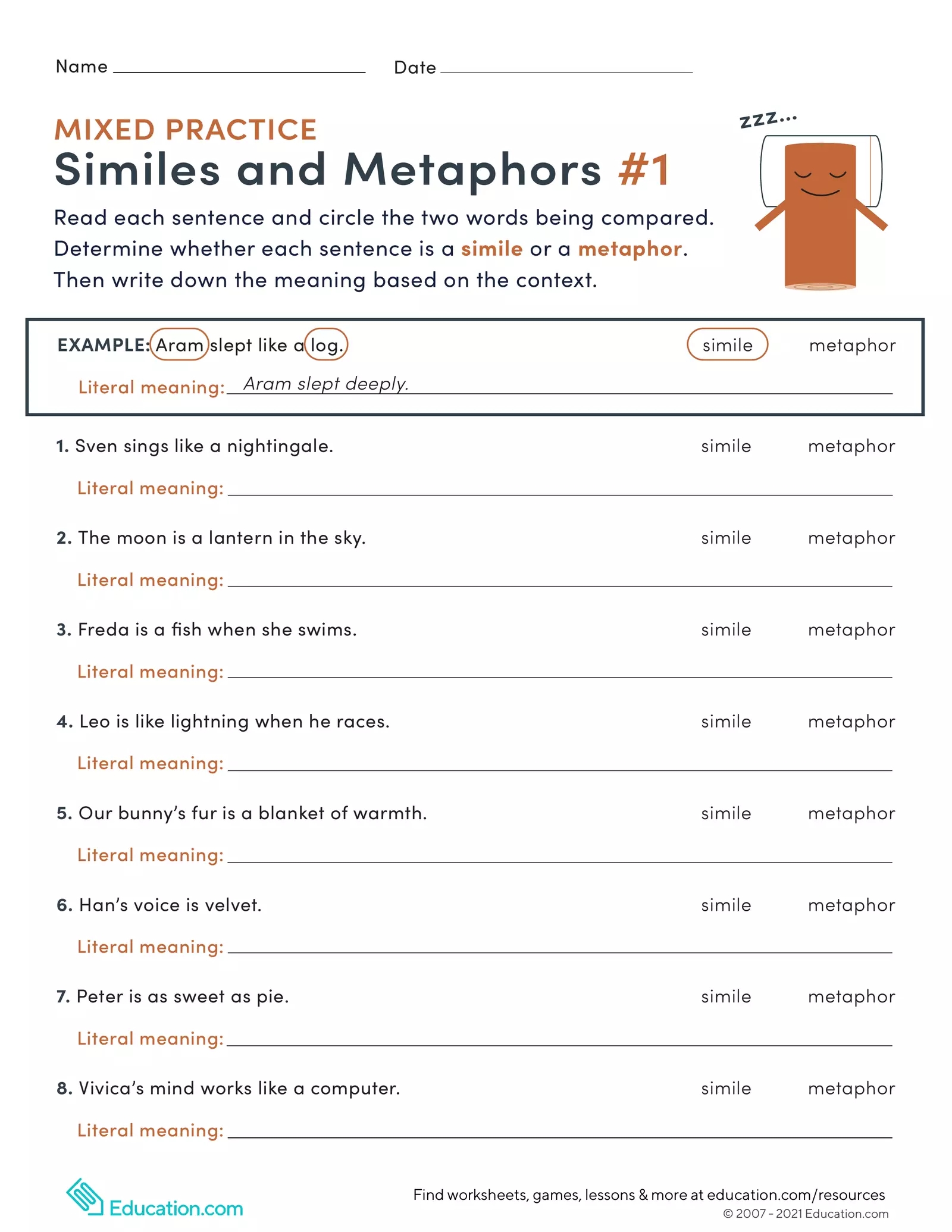 Mixed practice similes metaphors 1 Interactive Worksheet Edform 