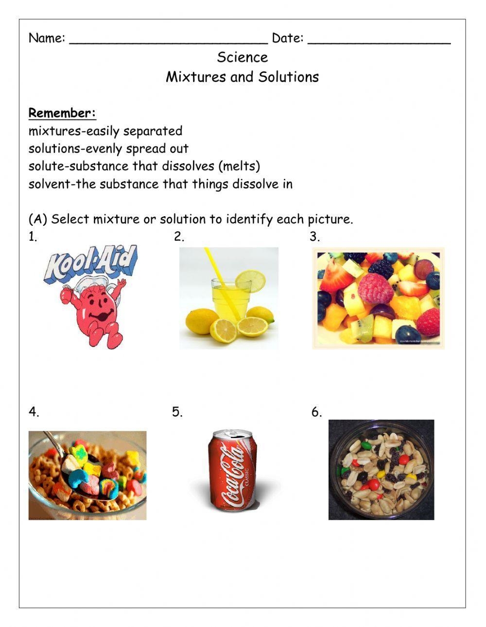 Mixtures And Solutions Worksheet Printable And Distance