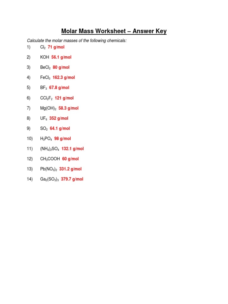 Molar Mass Worksheet Answer Key Download Free PDF Mole Unit 