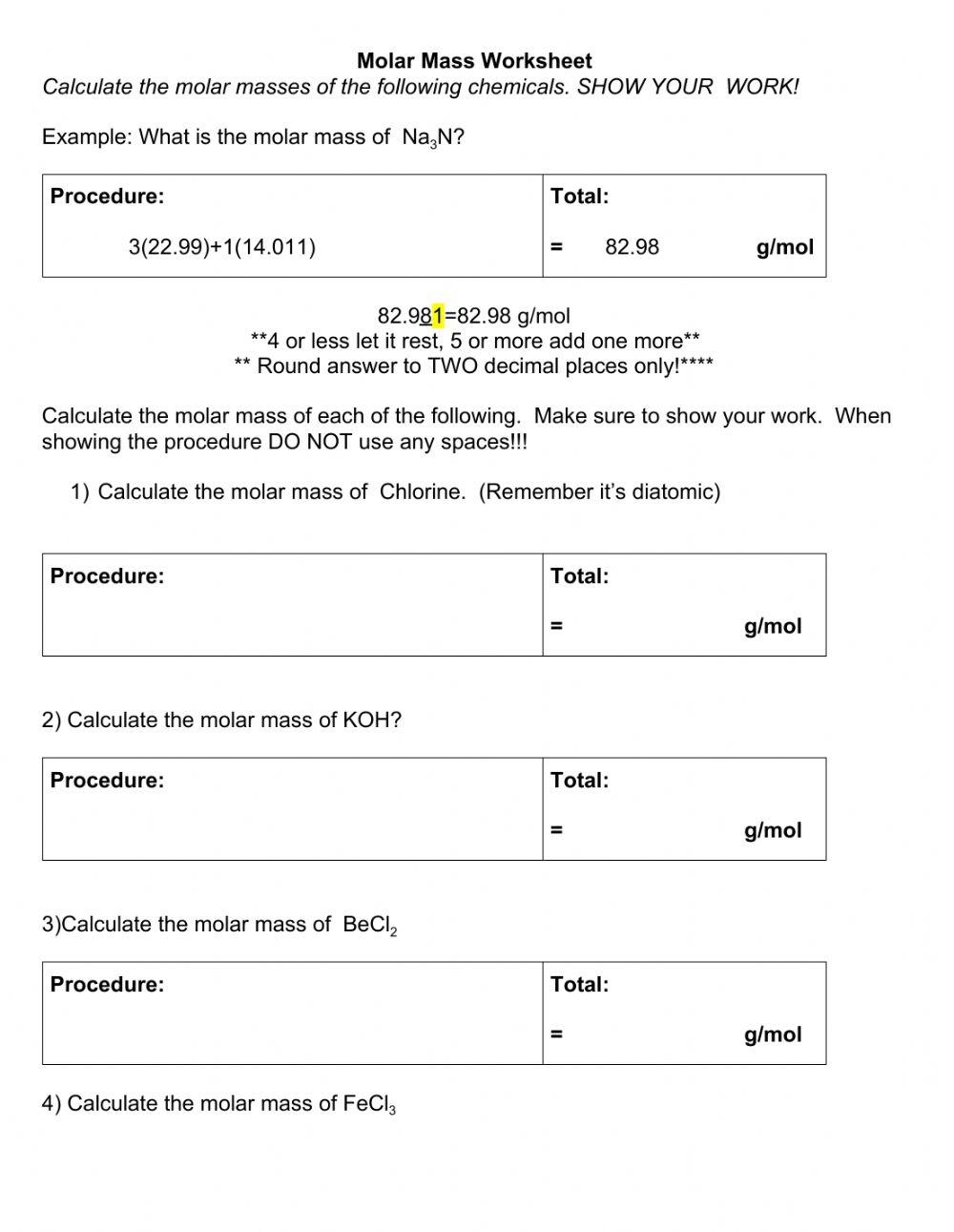 Molar Mass Worksheet Worksheet Live Worksheets Worksheets Library