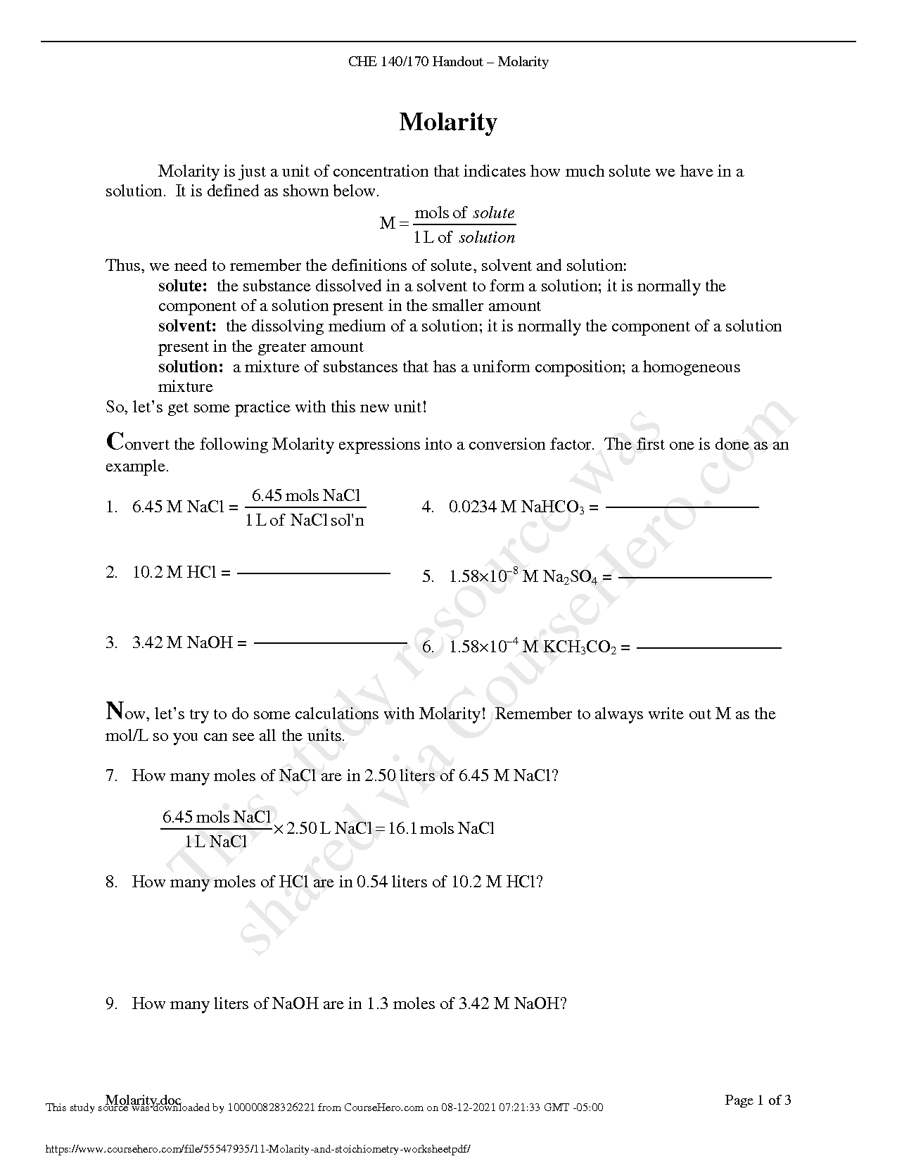 Molarity Molality Worksheets Library