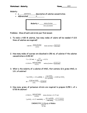 MOlarity Worksheet HW KEY Worksheet Molarity Name