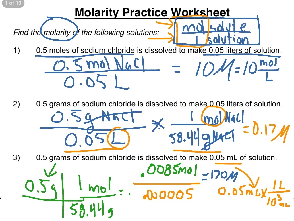 molarity worksheet answers