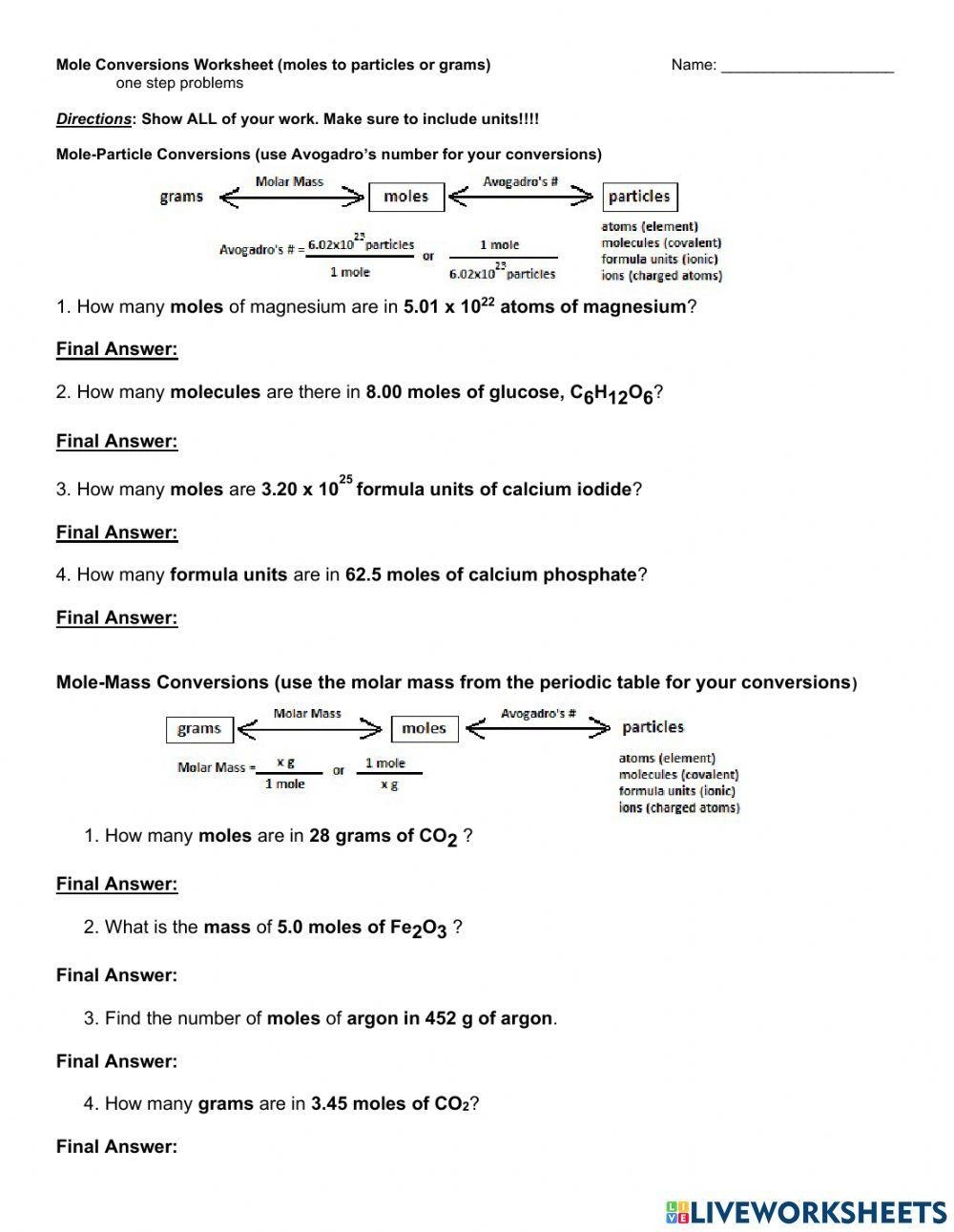 Mole Conversions one Step Worksheet Live Worksheets Worksheets