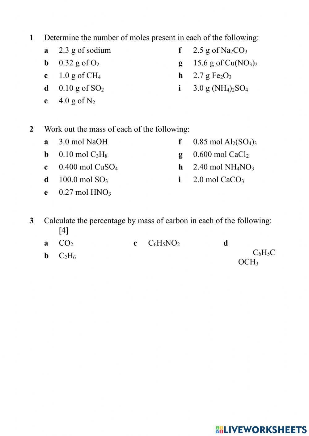 Moles To Compounds Conversion Worksheet With A Key Worksheets Library