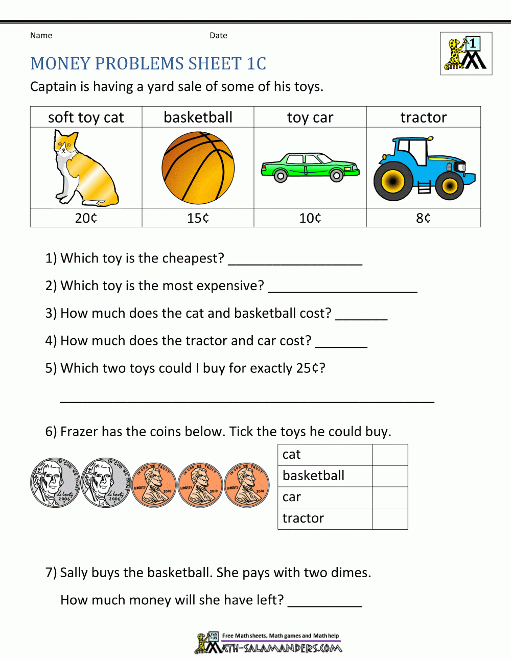 money worksheets grade 2