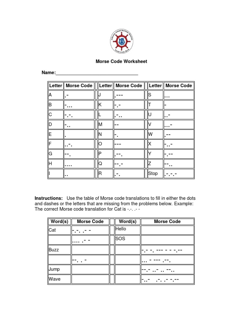 Morse Code Worksheet PDF PDF Ships Transport Worksheets Library