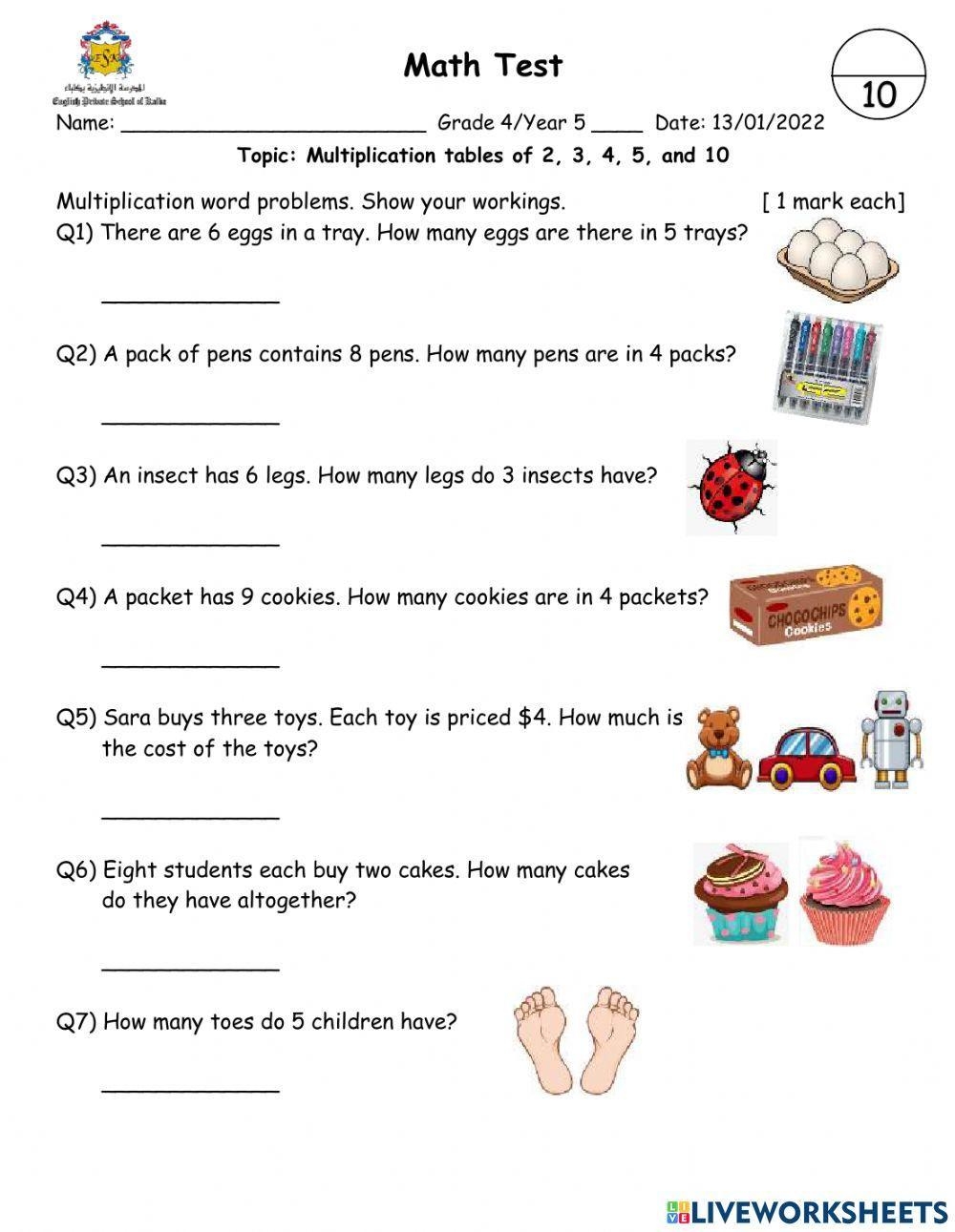 Multiplication Word Problems Test Worksheet Live Worksheets 