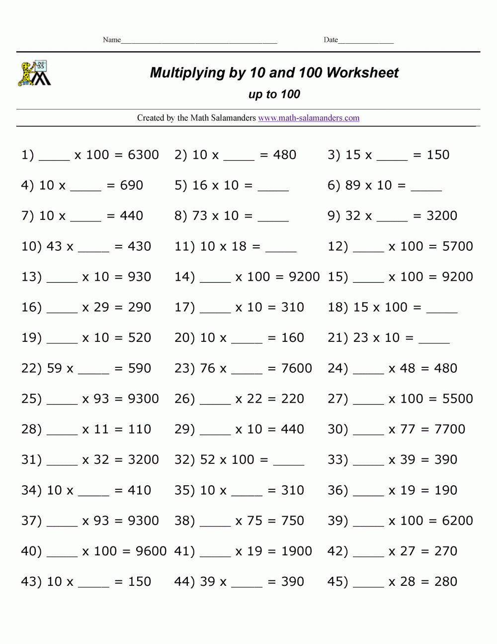 Multiply By 10 Worksheet Pdf