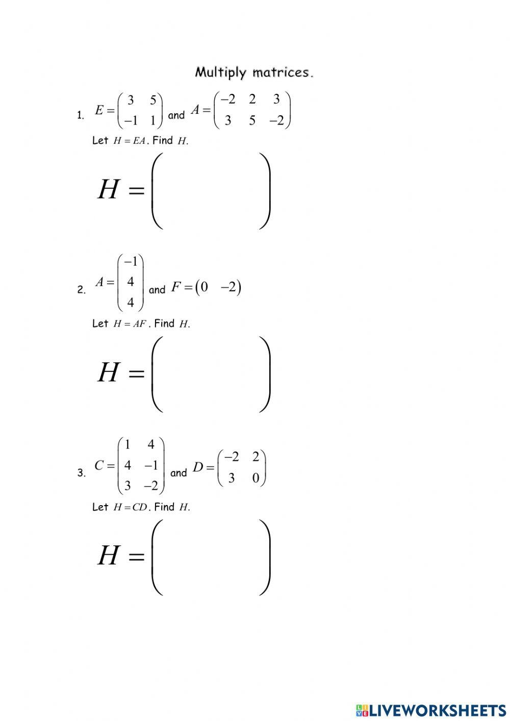 Multiply Matrices Online Exercise For Live Worksheets Worksheets 