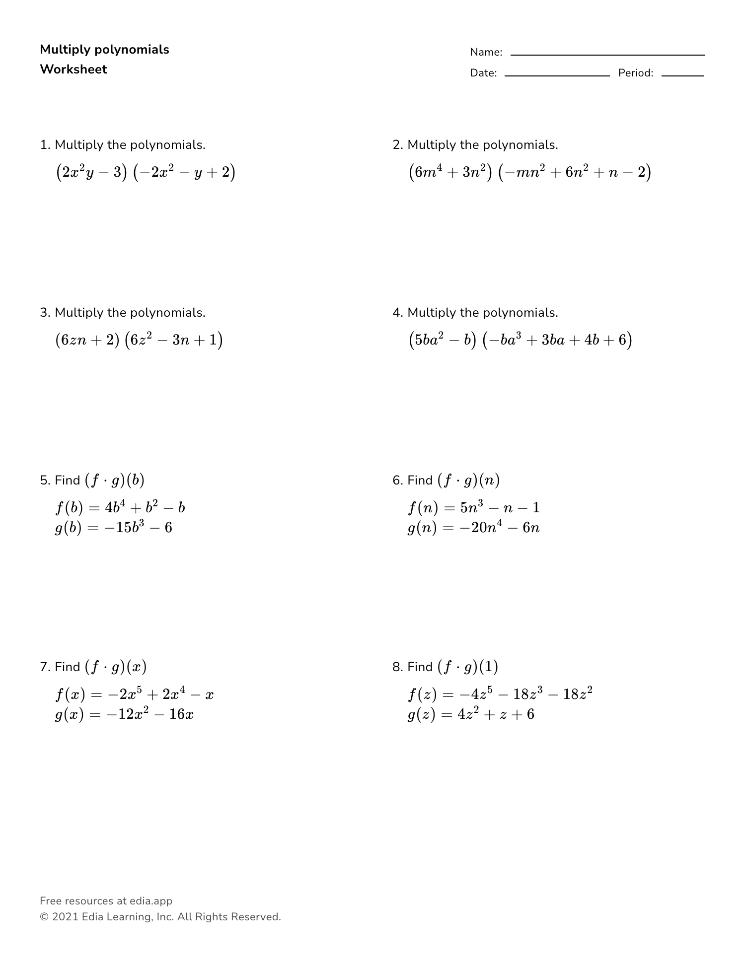 Multiply Polynomials integer Coefficients Worksheet Worksheets 